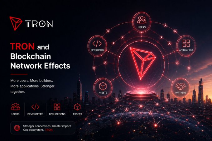 TRON blockchain promotional graphic titled 'TRON and Blockchain Network Effects' showing interconnected nodes representing Users, Developers, Applications, Assets, and Partners around the TRON logo, with the tagline 'More users. More builders. More applications. Stronger together.'