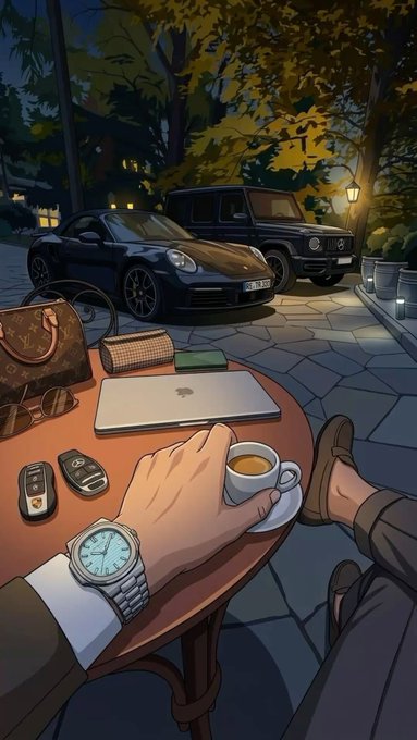 An anime-style illustration from a first-person perspective showing a hand wearing a wristwatch, holding a cup of coffee on a small table beside luxury cars and a Louis Vuitton bag at night.