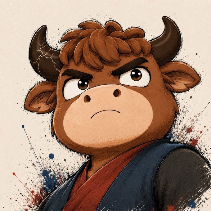 An illustrated anthropomorphic bison or yak character with brown fur, horns, and an angry expression, wearing a dark robe with a red sash, set against a splatter-art background.