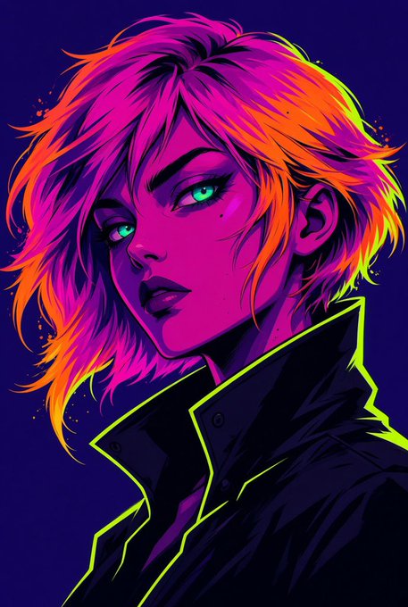 A vibrant neon-style digital illustration of a character with bright pink and orange short hair, glowing green eyes, and a black high-collared jacket, set against a deep blue background.