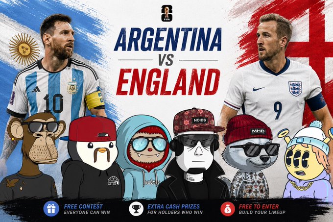 The image promotes an Argentina vs England match contest on Clubz, featuring football stars Lionel Messi (#10) and Harry Kane (#9) alongside cartoon NFTs including Bored Ape, Pudgy Penguin, Quirkies, and Left Click Labs characters. The banner highlights "FREE CONTEST, EXTRA CASH PRIZES, FREE TO ENTER" with messaging aligning to the post's callout of a free entry contest with exclusive cash bonuses for holders of those featured NFT projects who win.