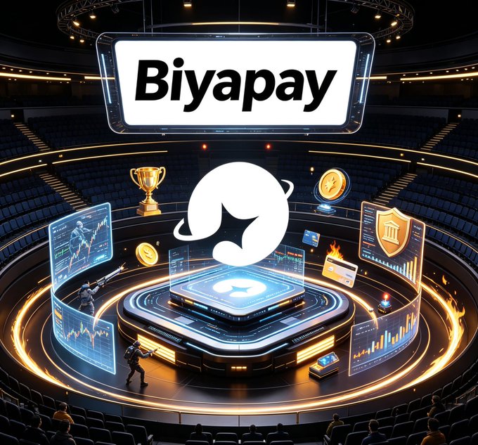 The image features a futuristic stadium-like arena with the "Biyapay" logo prominently displayed on a large screen above, surrounded by trading charts, crypto coins, and security shields. This visual ties into the caption's focus on Biyapay as a unified trading hub for diverse assets like BTC, ETH, spot, and futures markets, illustrating how financial players are drawn to platforms that consolidate fragmented trading activities in one place.