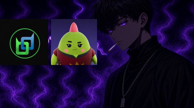 A purple-themed graphic featuring an anime-style man smoking a cigarette on the right, with a green avocado character wearing a superhero cape and a green/blue logo on the left, set against a wavy purple background.