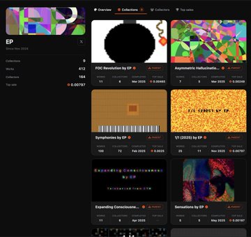 A dark-themed NFT marketplace interface displays an 'EP' collection page with statistics like '412 Collections' and '0.00797', featuring various digital art pieces including 'FOC Revolution' and 'Asymmetric Hallucination'.