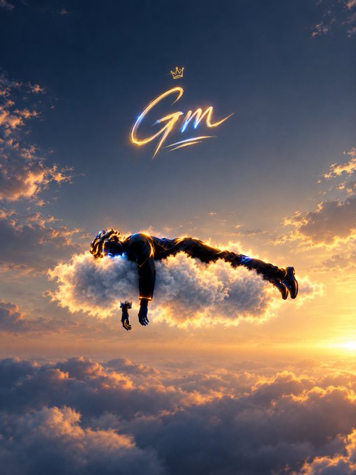 A stylized digital image shows a person floating face-down above clouds during a golden sunset, with a glowing 'Gm' and a crown symbol in the sky above them.