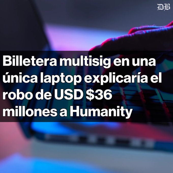The image shows a laptop computer with a person's hand typing on the keyboard, which appears to be connected to the laptop wirelessly. The text in the image reads "Billetera multisig en una unica lapcápica laptop expiraría el robo de usd 36 millones millones a Humanity Protocol Un fallo de seguridad permitió que un laptop comprometido almacenarse claves críticas. El atacante drenó cerca de 141 millones de tokens H en Ethereum y acuñó 200 millones más en BNB Chain". The image is related to the post because it features a person typing on a laptop, which could be part of an online security protocol or a project involving blockchain technology.