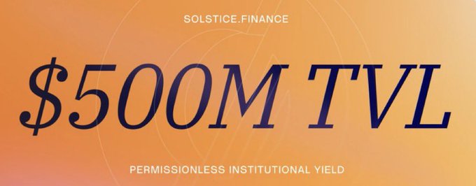 The image features a banner advertising $500m worth of Tvl in the form of an orange rectangle with white text inside that says "solstice finance". The banner also includes additional information about the largest protocol yet cleared for Tvl, stating that this is the 10th largest protocol on solana and that it has reached a half billion dollars in total value.