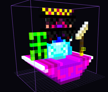A small, low-resolution pixel art rendering of a colorful character holding a green object and a sword, displayed within a purple 3D bounding box.