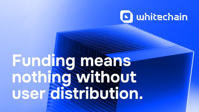 A blue promotional graphic with the "whitechain" logo in the top right corner and the text "Funding means nothing without user distribution." displayed over an abstract architectural image.