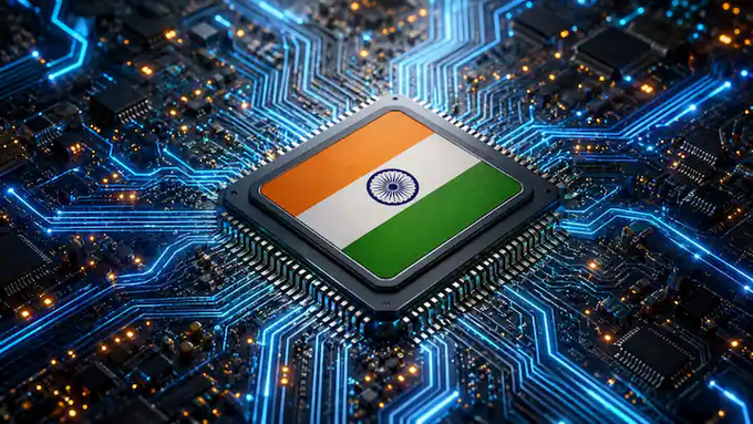 A microchip etched with the Indian flag sits atop a glowing circuit board, symbolizing the country's massive $30 billion investment in developing a domestic semiconductor industry. The image visually represents India's push toward technological self-sufficiency and chip manufacturing independence.