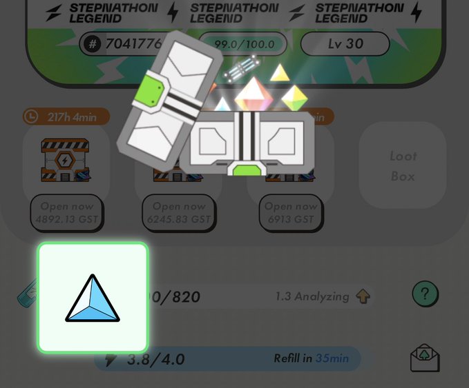 A mobile game screenshot showing a 'STEPMATHON LEGEND' reward screen with Loot Boxes offering GST (4892.13, 6245.83, 6913), a Level 30 badge, and an analysis tool showing 3.8/4.0 with refill in 35 minutes.