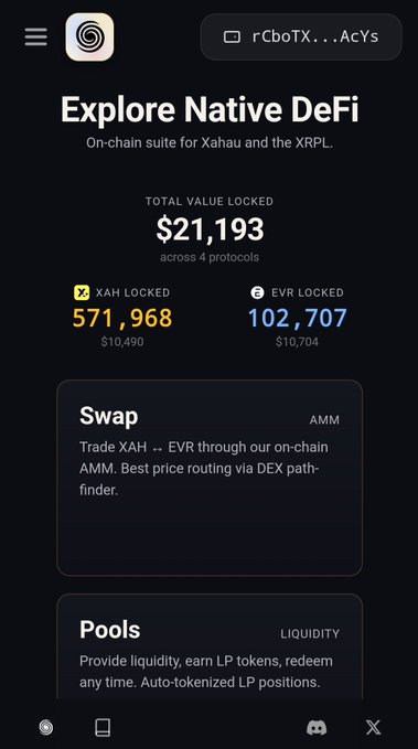 The image is of a black phone screen displaying an app called "Explore Native Defi". The app is showing information about the total value locked, XP-locked transactions, and their prices. The data also includes pools with liquidity and tokens available for exchange, as well as details about the XRPL DAO system. There are two main columns on the screen: one in the top left corner containing text, and another at the bottom right corner showing a graph of XP-locked transactions over time against a chart of the total value locked. The app is designed to help users understand how their money is protected through native defi exchanges and transactions.