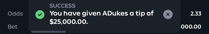 A success confirmation displays "You have given ADukes a tip of $25,000.00," supporting the post's claim of sending a $25,000 tip to @kingadukes on Gamdom.