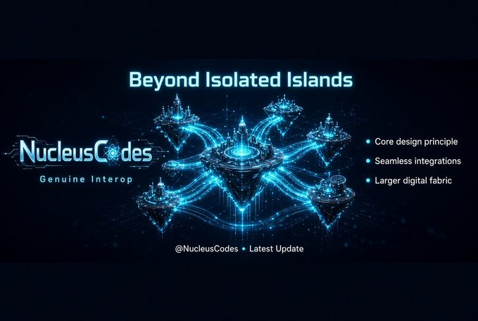 A promotional graphic for 'NucleusCodes' titled 'Beyond Isolated Islands' featuring futuristic floating island cityscapes, listing features: 'Core design principle', 'Seamless integrations', and 'Larger digital fabric'.