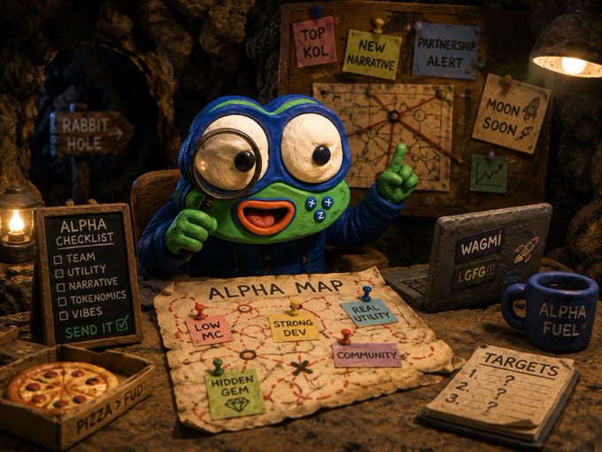 A 3D-rendered claymation-style image of a blue and green frog character at a desk with various crypto and project management notes, including 'ALPHA MAP', 'TOP KOL', 'MOON SOON', 'WAGMI', 'ALPHA FUEL', and 'PIZZA FUD'.
