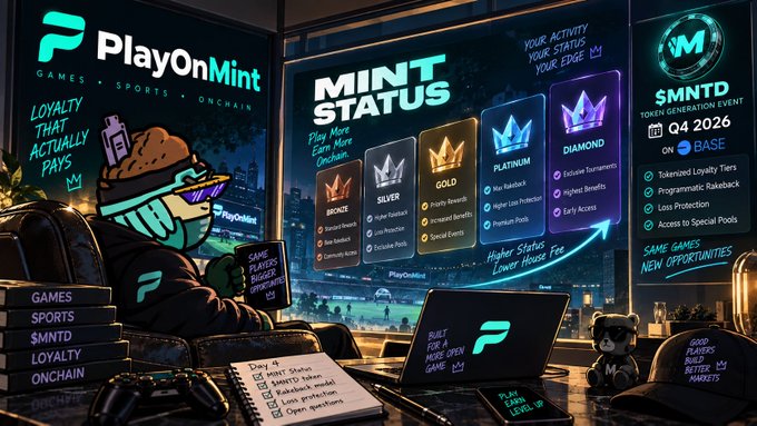 A vibrant promotional graphic for "PlayOnMint" featuring a cartoon character in a hoodie and VR glasses, highlighting tiered "MINT STATUS" levels (Bronze, Silver, Gold, Platinum, Diamond) and the "SMNTD" token generation event for Q4 2026 on Base.
