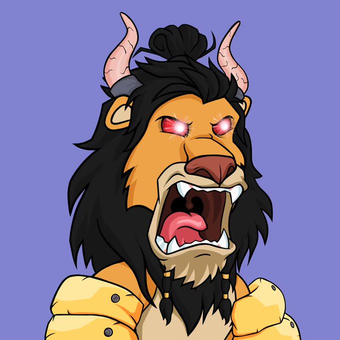 An animated illustration of an angry lion-like humanoid character with glowing red eyes, a black mane, and yellow armor against a purple background.