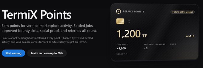 TermiX Points dashboard showing 1,200 TP earned with a 'Start earning' button and 'Future utility weight' tag.