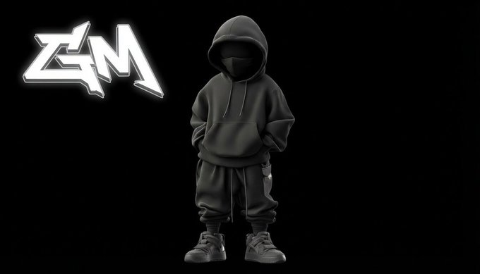 A 3D rendered figure wearing a black hoodie, black face mask, black cargo pants stands against a black background next to a stylized white 'ZM' logo.