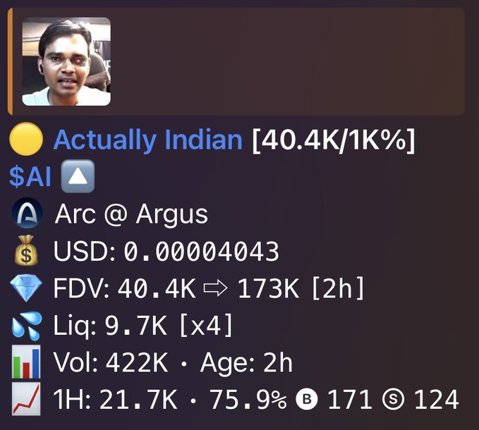 The image shows a cryptocurrency tracking screenshot featuring a token called "Actually Indian" with a profile photo of a man, displaying a market cap of 40.4K and 1K% gains, priced at $0.00004043 USD on Arc @ Argus, with 171 buys and 124 sells in the past hour—directly illustrating the satirical token created in response to the racism the post describes, where a community member's Indian ethnicity triggered FUD against Arc Chain.