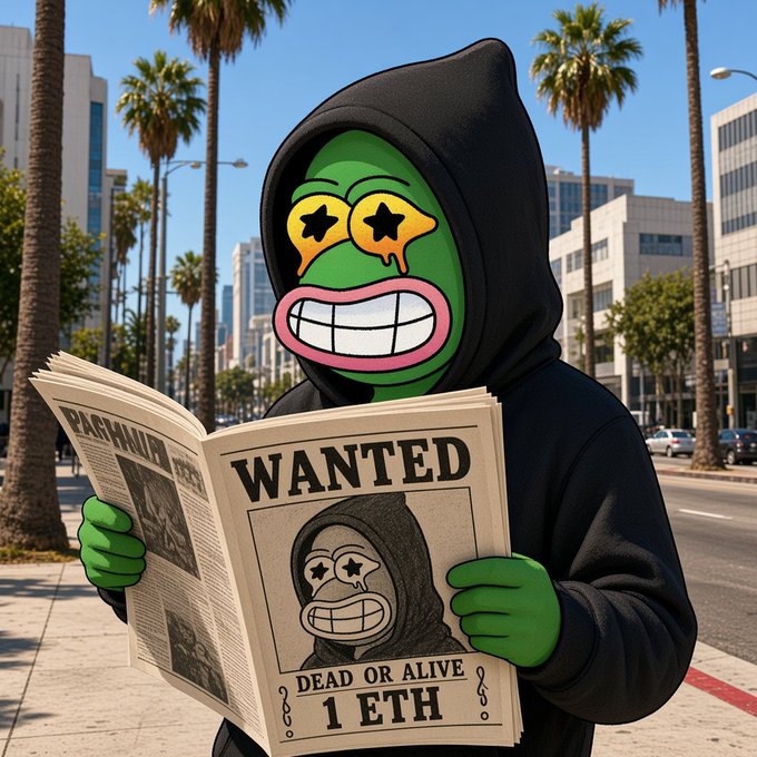 A green cartoon-style character in a black hoodie with star-shaped eyes reads a 'WANTED' newspaper poster reading 'DEAD OR ALIVE 1 ETH' on a city street.