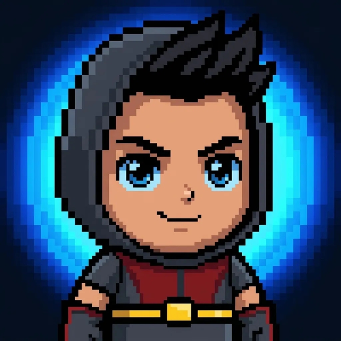A pixel art avatar of a smiling young character with spiky dark hair and large blue eyes, set against a blue circular background, wearing a red and gray outfit with a gold belt buckle.