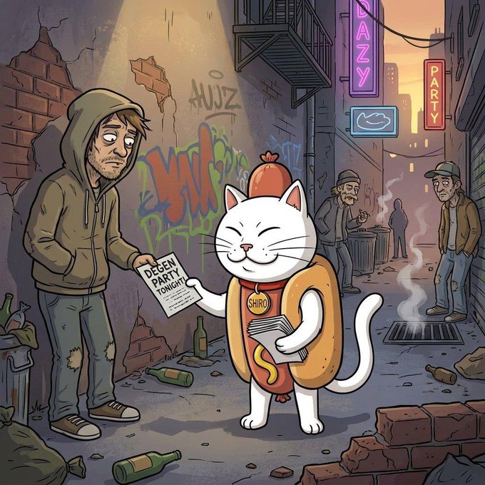 The image shows a cartoon man in a hoodie handing a flyer reading "DEGEN PARTY TONIGHT" to a smiling anthropomorphic white cat in a hot dog costume wearing a "$SHIRO" badge, set in a graffiti-covered urban alleyway. It ties to the post by contrasting the chaotic, fleeting "degen party" culture with the steady discipline of holding $SHIRO—emphasizing that real conviction outlasts the hype and noise around it.
