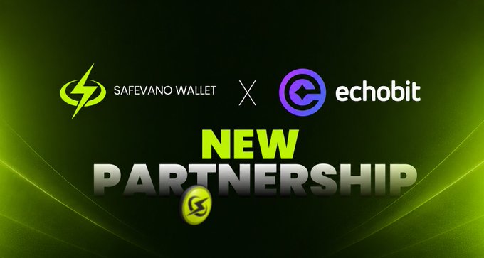 A promotional graphic announcing a new partnership between 'SAFEVANO WALLET' and 'echobit' with logos displayed against a dark green background.