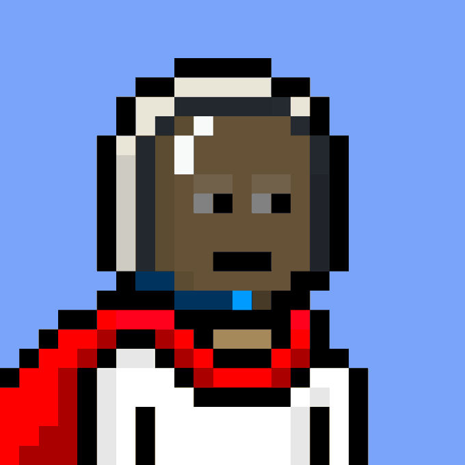 A pixel art portrait of a person with dark skin, a neutral expression, and a white and red outfit against a solid blue background.