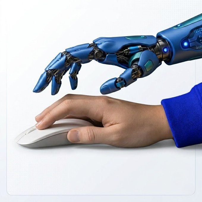 A futuristic blue robotic hand reaches out alongside a human hand operating a computer mouse, symbolizing human-AI interaction.