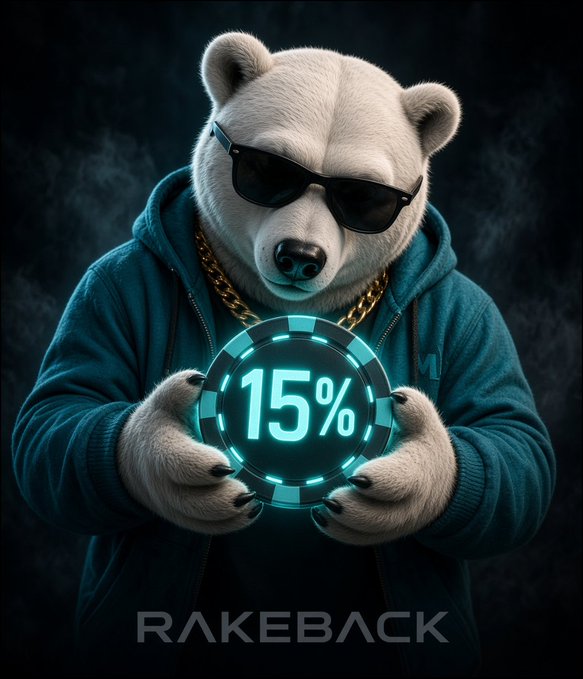 A stylized white bear wearing sunglasses, a gold chain, and a teal hoodie holds a glowing poker chip displaying "15%" above the text "RAKEBACK."