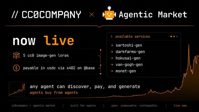 In this image, a black background features an orange and white screen displaying information related to the CC8 Company and its partnership with Agentic Market. The text appears to be in a foreign language, but the main focus of the image is on the CC8 Company logo positioned at the top left corner, indicating the company's presence.

The screen also contains a list of various agents that can find the CC8 Company services, including five models of image-gen, darkfares-gen, hokusai-gen, van-gogh-gen, and monet-gen. These agents are listed in an organized manner, with the CC8 Company services displayed for each one. The text includes a description of how to buy these agents from the CC8 Company, indicating that they can find agents through specific APIs.

This visual display highlights the company's range of services and the available options for purchasing or working with their agentic market partners.