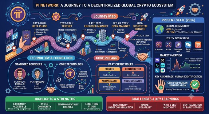 An infographic titled 'PI NETWORK: A JOURNEY TO A DECENTRALIZED GLOBAL CRYPTO ECOSYSTEM,' detailing its timeline from 2019-2020 to 2026, featuring Stanford founders Dr. Nicolas Kokkalis and Dr. Chengdiao Fan, core pillars, participant roles, and challenges.