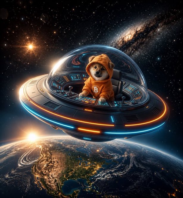 A digital artwork of a Shiba Inu dog wearing an orange hoodie, sitting in the cockpit of a glowing UFO flying above Earth, with a starry galaxy in the background.