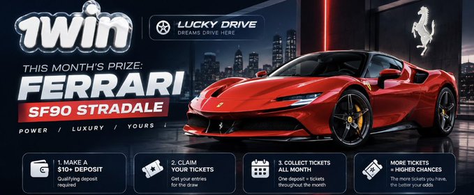 A promotional banner for 1WIN's 'Lucky Drive' featuring a red Ferrari SF90 Stradale as the monthly prize, with instructions to make a $10+ deposit, claim tickets, and collect them throughout the month.