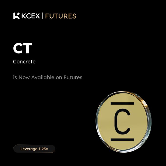 Promotional graphic for KCEX FUTURES announcing that CT (Concrete) is now available on futures with 1-25x leverage, featuring a gold coin token.