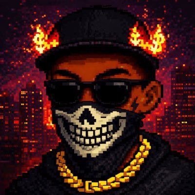 A pixel-art portrait of a man wearing a black cap, sunglasses, and a gold chain, with a grinning skull face covering, set against a burning city background.