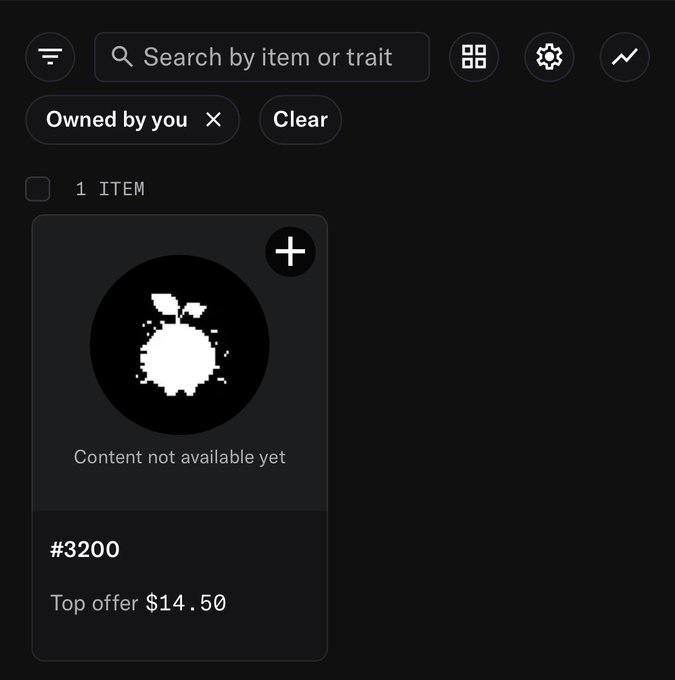 A dark-themed mobile app interface displays a single item (#3200) owned by the user with a 'Top offer $14.50', marked as 'Content not available yet'.