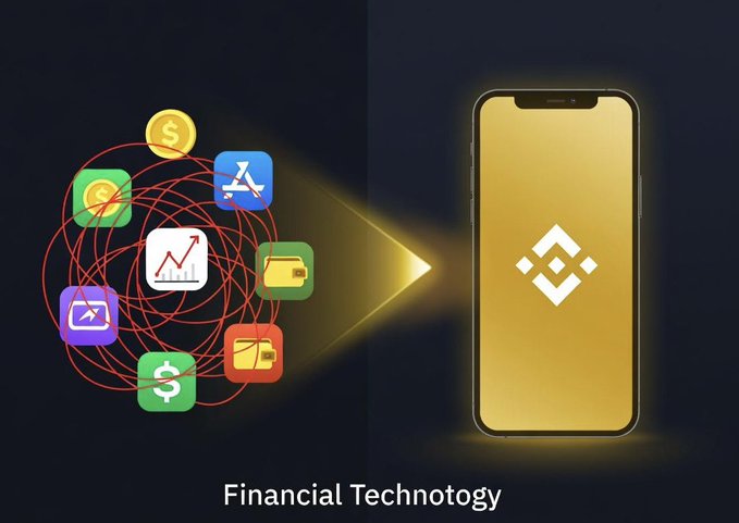 The image illustrates the concept of "Financial Technology" (FinTech), showing multiple app icons—including the App Store, payment, savings, and crypto symbols—converging into a single smartphone displaying the Binance logo, symbolizing the consolidation of fragmented financial services into one unified platform.