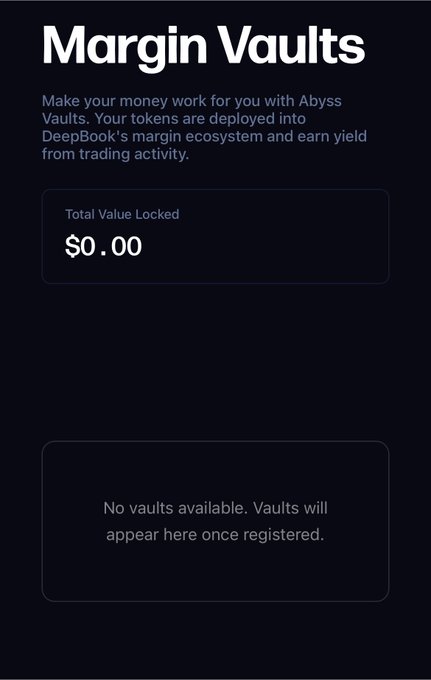 A screenshot of an 'Abyss Margin Vaults' interface showing 'Total Value Locked: $0.00' with the message 'No vaults available. Vaults will appear here once registered.'