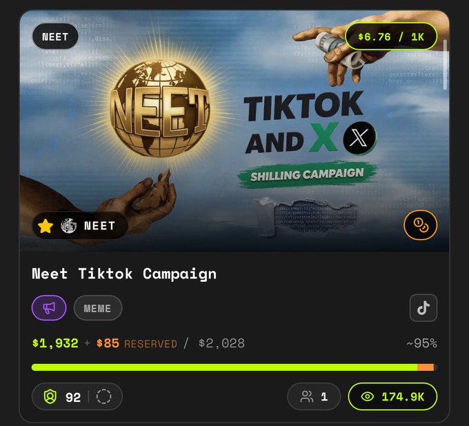 A promotional screen for the "Neet Tiktok Campaign" showing a shilling campaign with $1,932 raised of $2,028 goal, currently at 95% completion with 174.9K views.