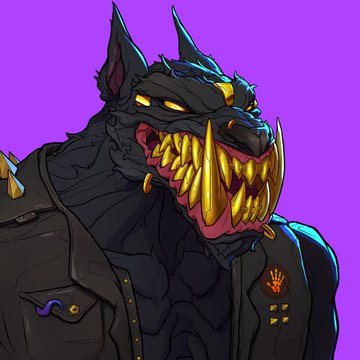 The image features a black dog with large, sharp teeth and an aggressive expression, wearing a leather jacket and a patch that says "Lab" on its back. The background of the image is purple, which contrasts with the dark color of the dog's fur. The caption below the image reads, "Just hit the lab and minted some new @mutant_cartel fused hounds Excited to add this new reaper and juggernaut to my collection."