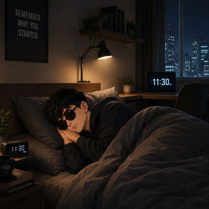 An anime-style illustration of a person wearing an eye mask sleeping in bed at night, with a digital clock displaying '11:30 PM' and a framed poster on the wall reading 'REMEMBER WHY YOU STARTED'.