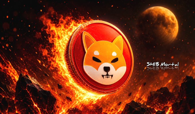The image features a Shiba Inu coin engulfed in flames, with "SHIB Mortal" text visible, symbolizing the ongoing burning of $SHIB tokens and its potential impact on the market. This visually represents the relentless burns mentioned in the accompanying post.