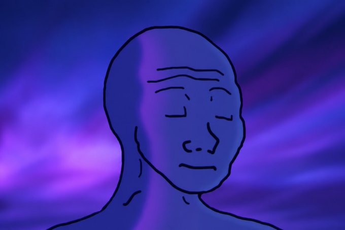 A digital illustration of a bald, melancholy character, known as the 'Wojak' or 'Feels Guy' meme, drawn with thick black outlines against a purple and blue radiating background.