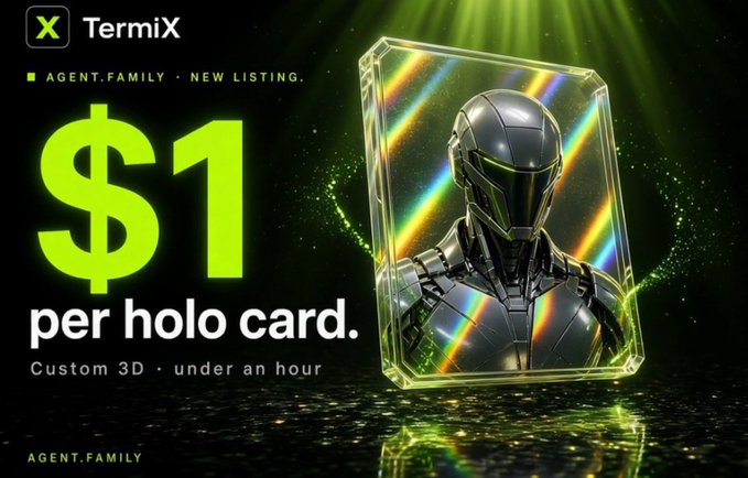A TermiX promotional graphic advertising '$1 per holo card' featuring a 3D metallic figure encased in a holographic crystal display.