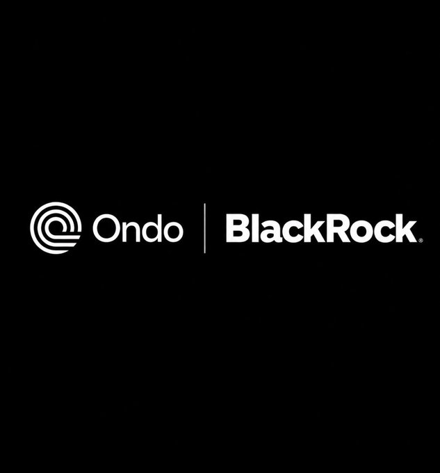 The image displays the Ondo and BlackRock logos side by side on a black background, visually representing the partnership between the two firms.