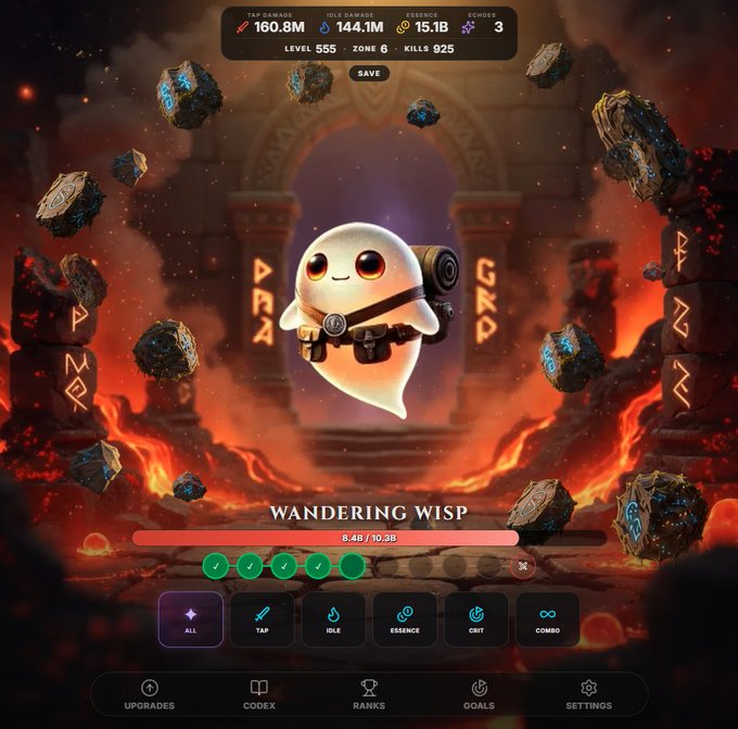 A mobile game interface for 'Marble' displays a 'Wandering Wisp' character in a fiery dungeon environment with statistics including 160.8M Tap Damage, 144.1M Idle Damage, and Level 555.