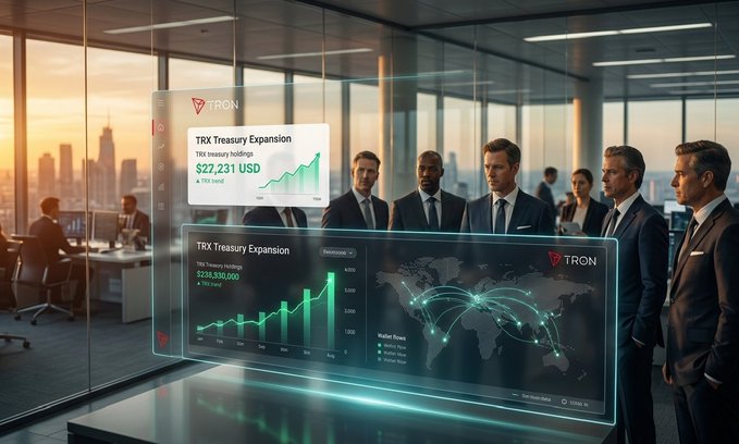 ers Treasury Expense Report on a large screen displays a green and white color scheme, with a city skyline backdrop and text indicating financial data.
