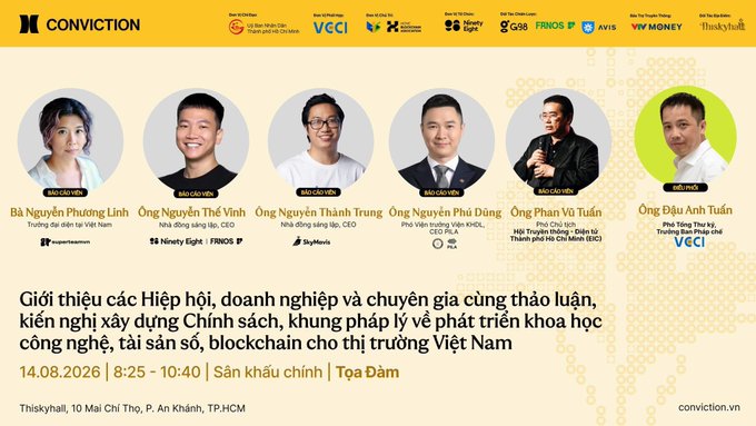 A promotional graphic for a 'CONVICTION' event at Thiskyhall in Ho Chi Minh City, featuring speakers from organizations like VCCI, Ninety Eight, FINOS, Sky Mavis, and others, scheduled for 14.08.2026.